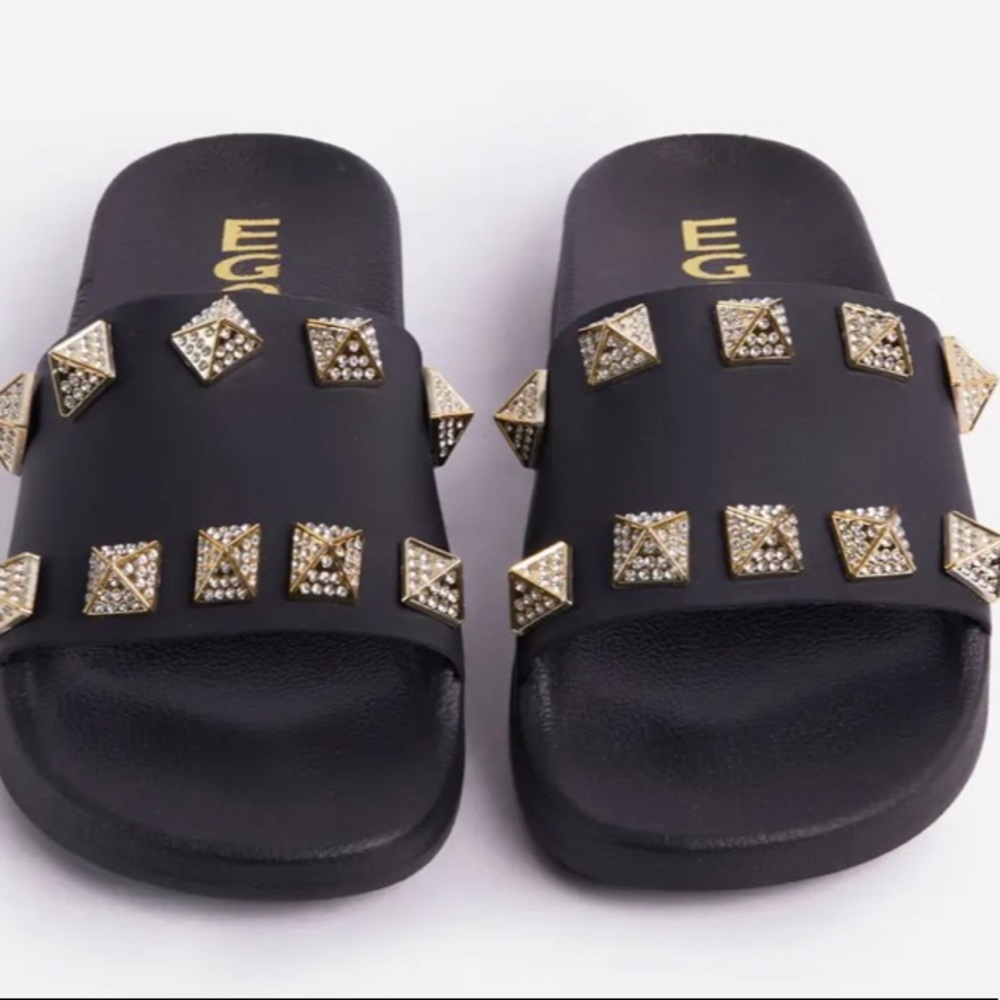Bling Embellished Black Slides Sandals